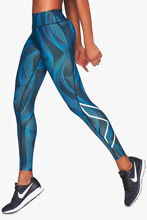 2XU Print Mid Rise Womens Compression Tights - Dresden Blue Vertical Curve