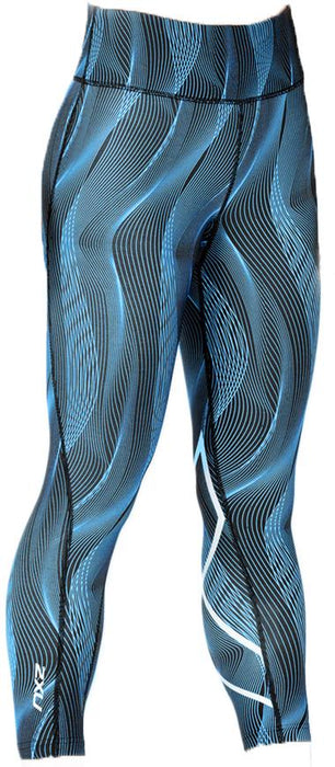 2XU Print Mid Rise Womens Compression Tights - Dresden Blue Vertical Curve